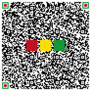 QR-Code mit Adressdaten mit Logo der FineArtTravel mit einem tranzparentem Hintergrund und drei Quadraten in rot, gelb und grün.